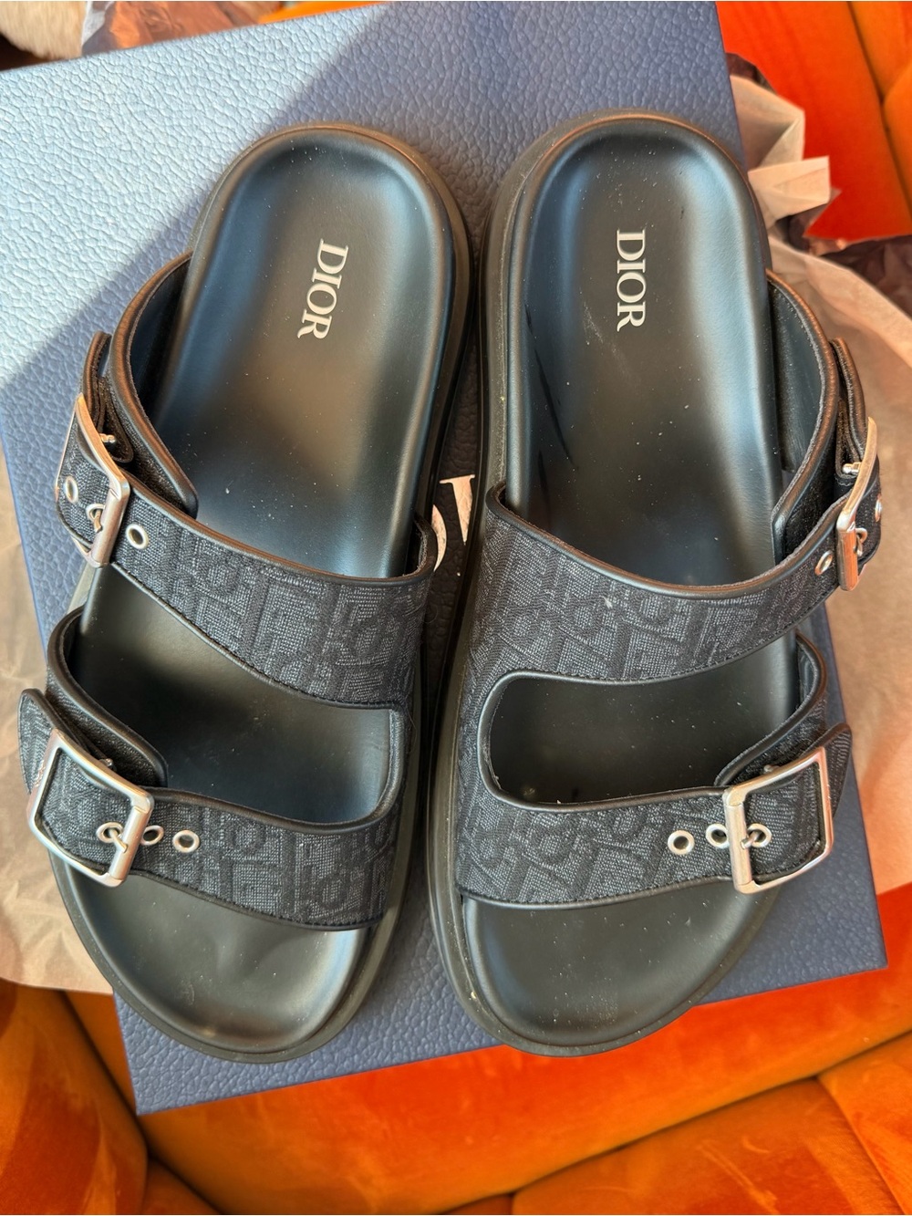 Men’s Dior Black/Black Aqua Double Band Sandal Box Label